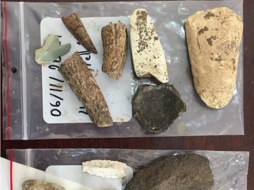 Artifacts lying on trays including groundstone axes, chert blades, pottery, antler, and worked bone.